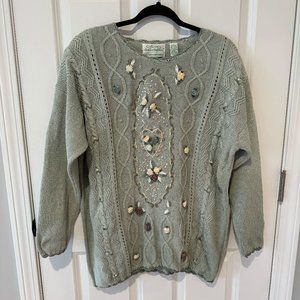 Vintage Floral Applique Green Cable Knit‎ Granny Sweater - Size Large